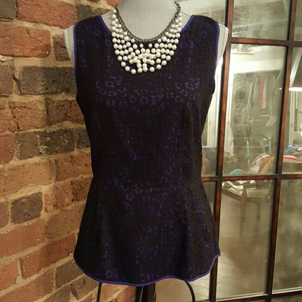 Banana Republic Black and Purple Lace Peplum Shell